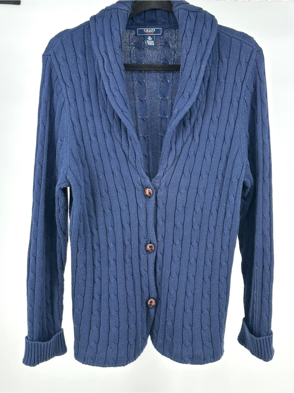 Chaps Women's XL Blue Cable-Knit Shawl Collar Cardigan Old Money Classic